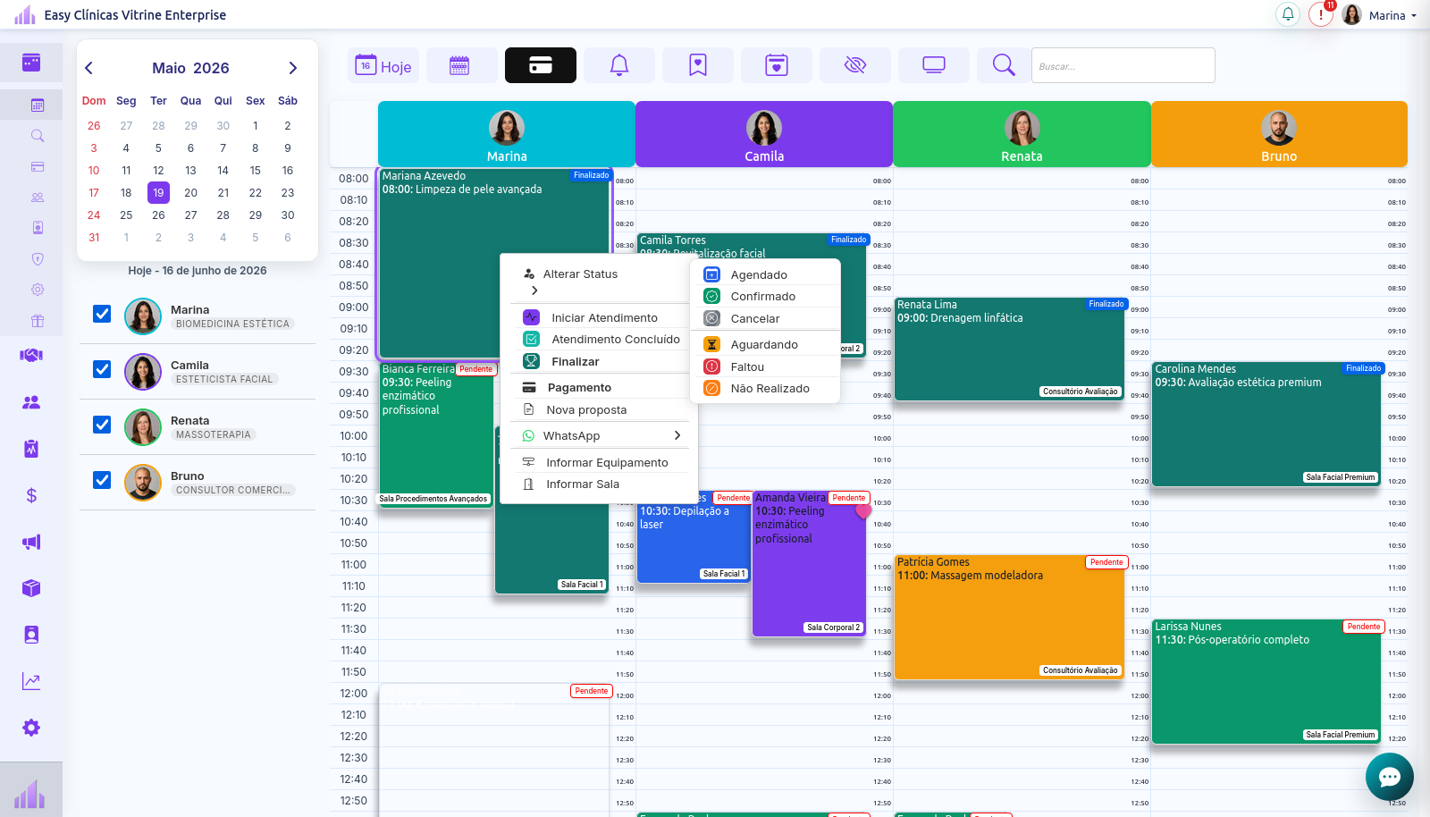 Submenu de status da agenda